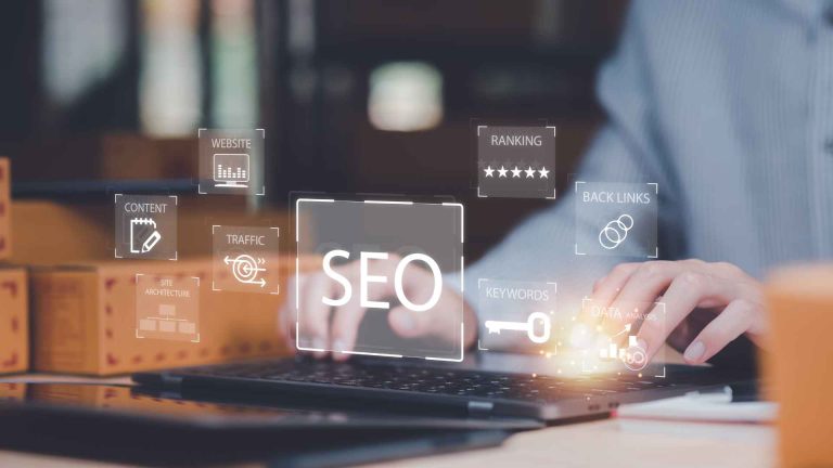 SEO search terms focused on smart home industry keywords, with magnifying glass highlighting 'SEO', 'website ranking', and 'digital marketing' for home automation.