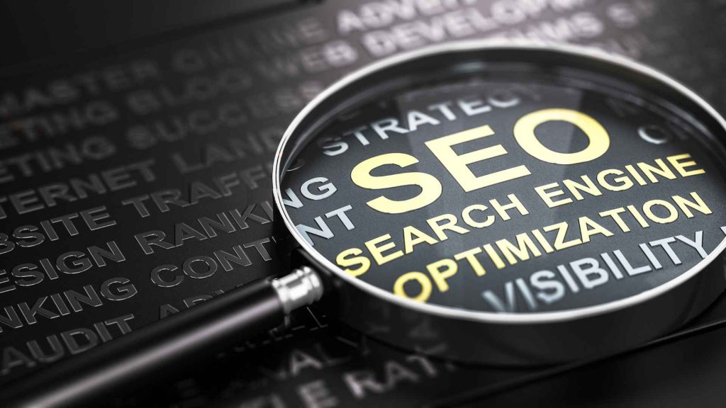 SEO audit for smart home websites, showcasing magnifying glass over code and data for improving SEO rankings in the home automation industry.