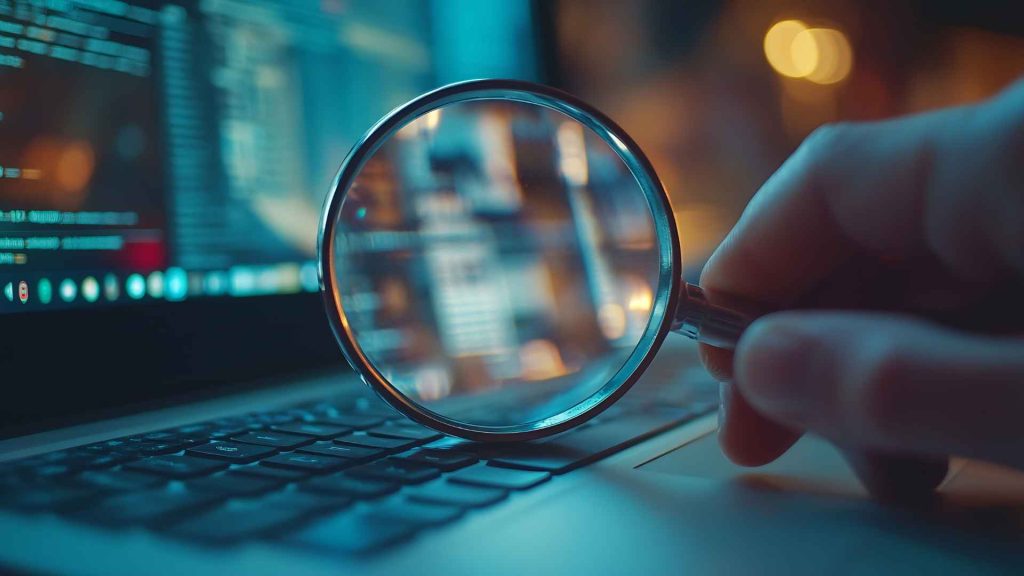 Magnifying glass focused on code and digital data on a laptop keyboard, illustrating SEO analysis and website optimization.